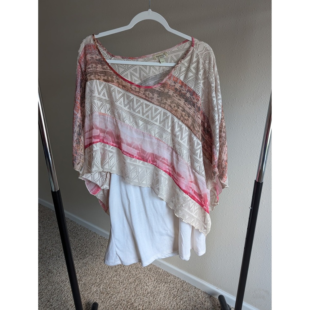 One World Live and Let Live Women 1X Layered Poncho Top Pink White Tribal Print